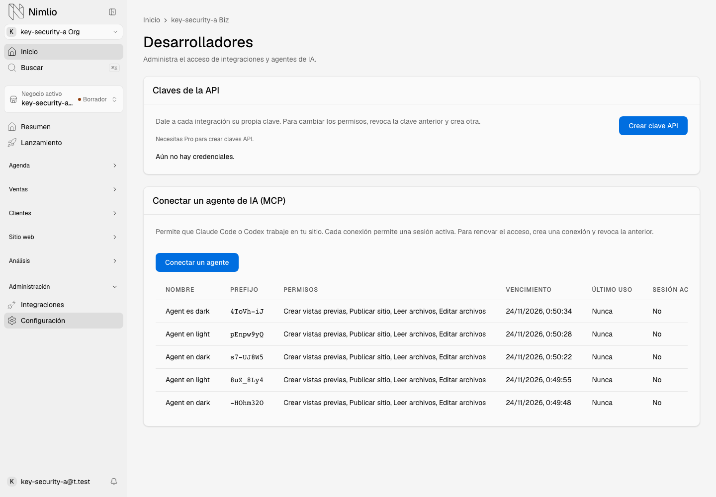 Configuración de Desarrolladores con Claves de la API y Conectar un agente de IA.