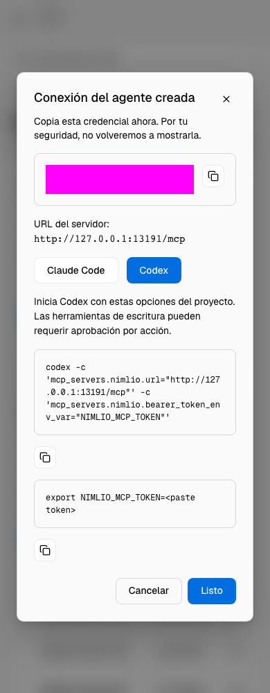Diálogo Conexión del agente creada con credencial oculta, URL del servidor y configuración de Codex.